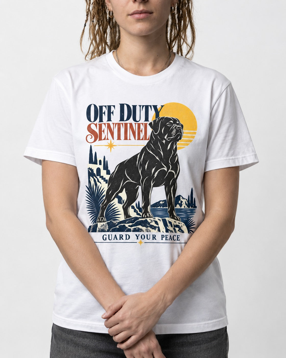 Off Duty Rottweiler Sentinel T-Shirt in White, worn by a model, front view