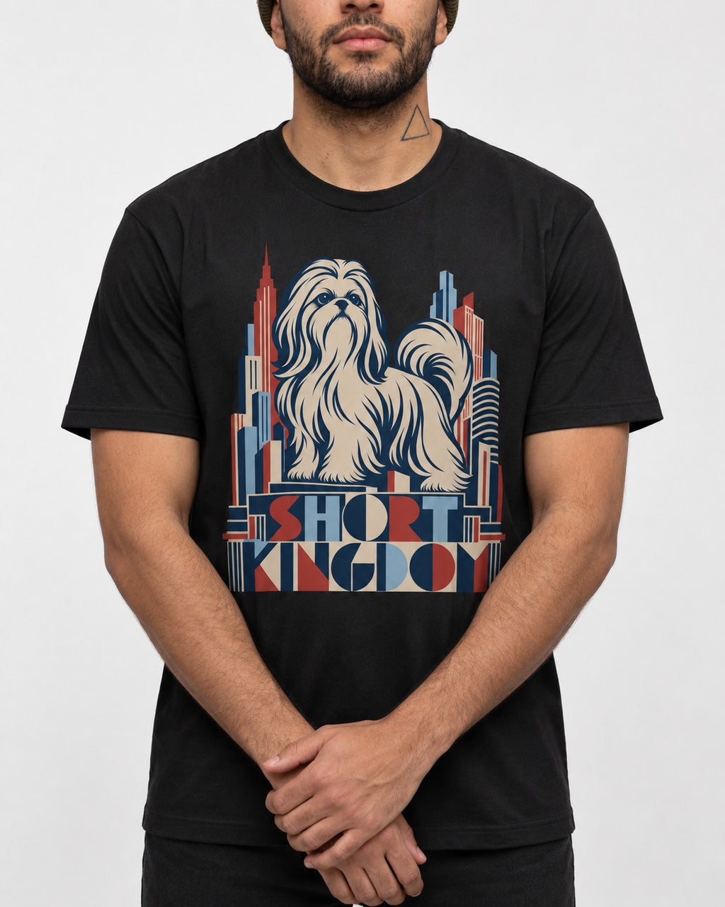 Shih Tzu Short Kingdom Art Deco Skyline Graphic T-Shirt in Black, worn by a model, front view