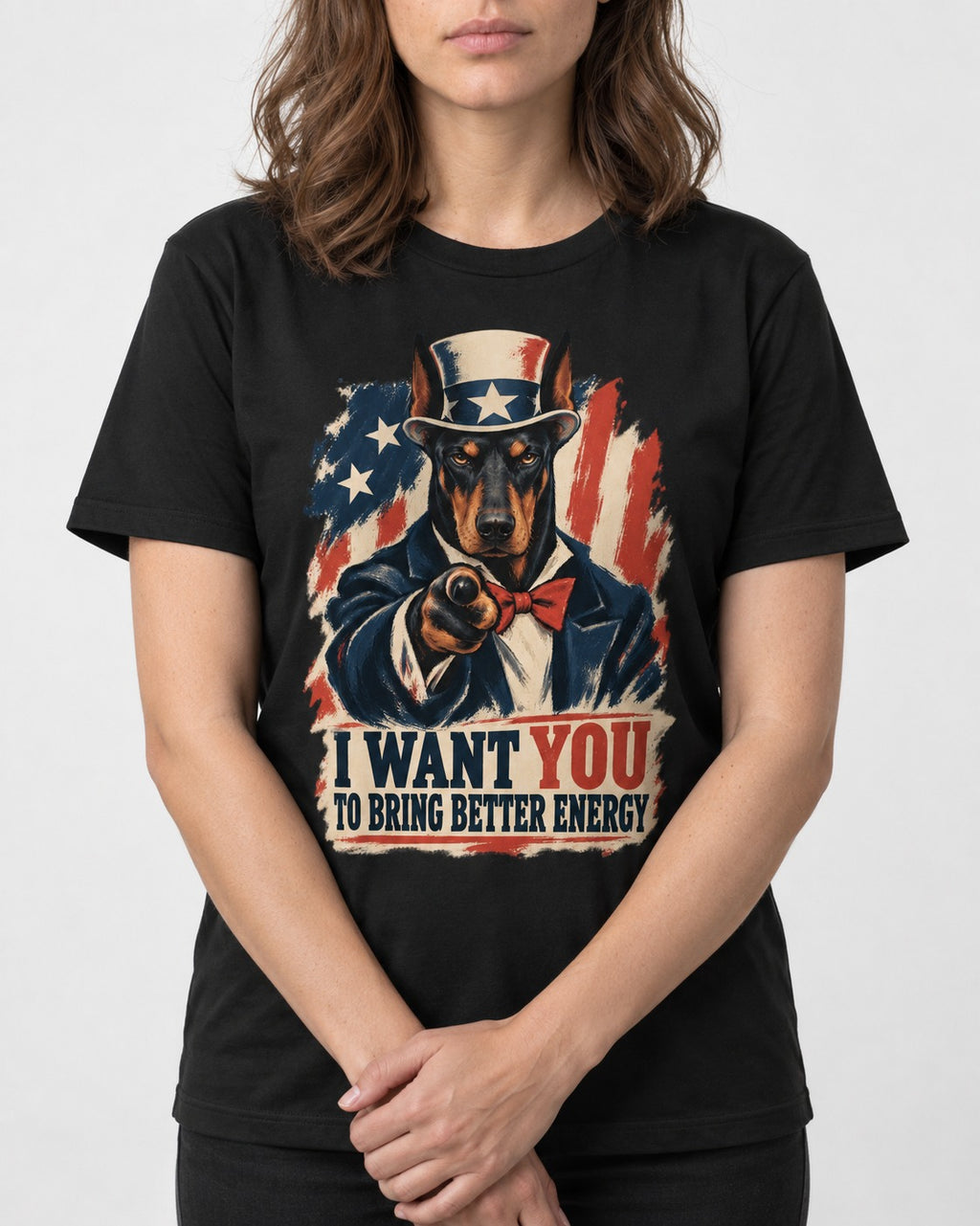 Doberman I Want You to Bring Better Energy Uncle Sam Graphic T-Shirt in Black, worn by a model, front view