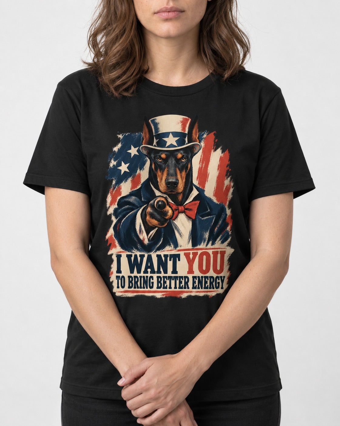 Doberman I Want You to Bring Better Energy Uncle Sam Graphic T-Shirt in Black, worn by a model, front view