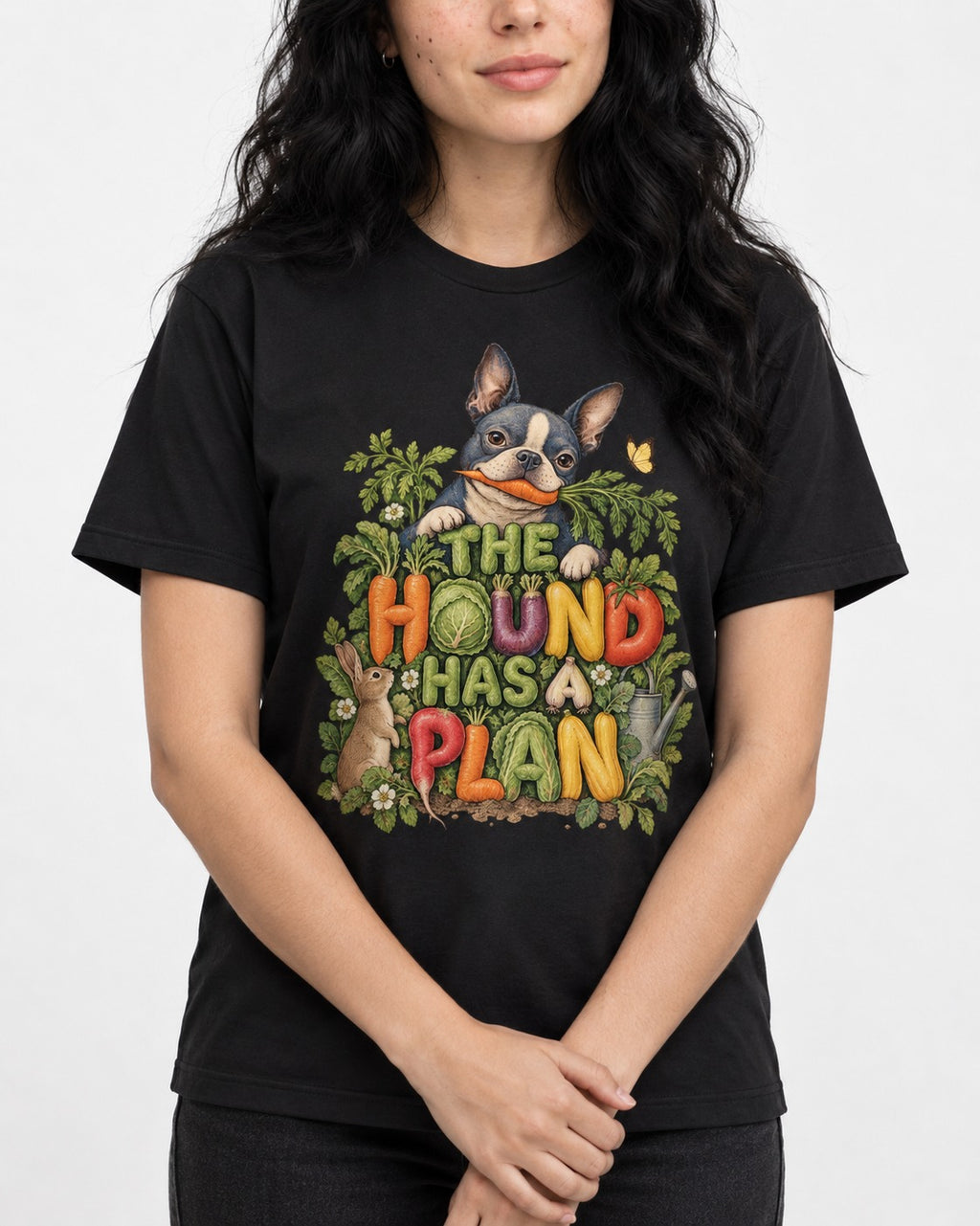 The Hound Has a Plan Boston Terrier T-Shirt in Black, worn by a model, front view