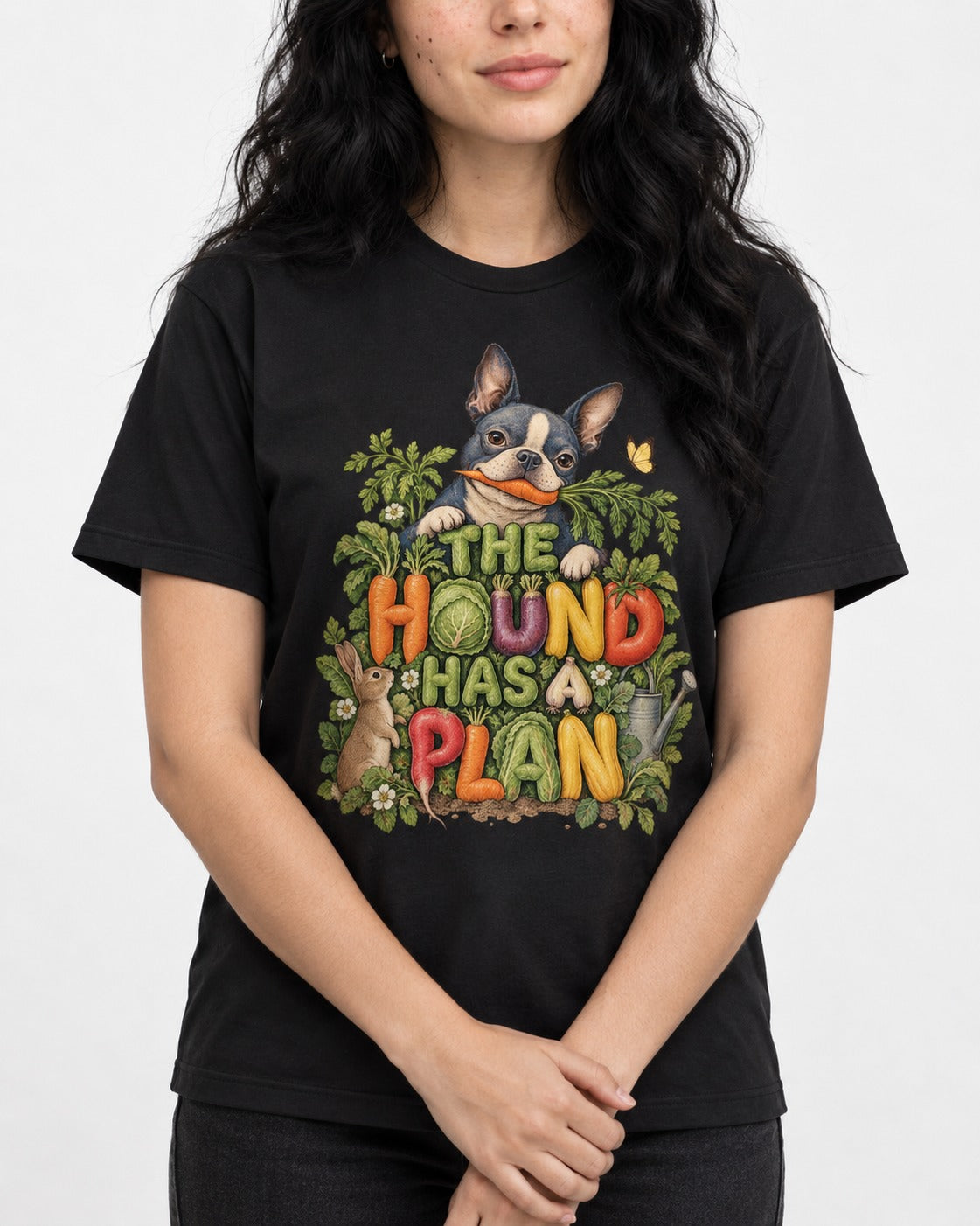 The Hound Has a Plan Boston Terrier T-Shirt in Black, worn by a model, front view