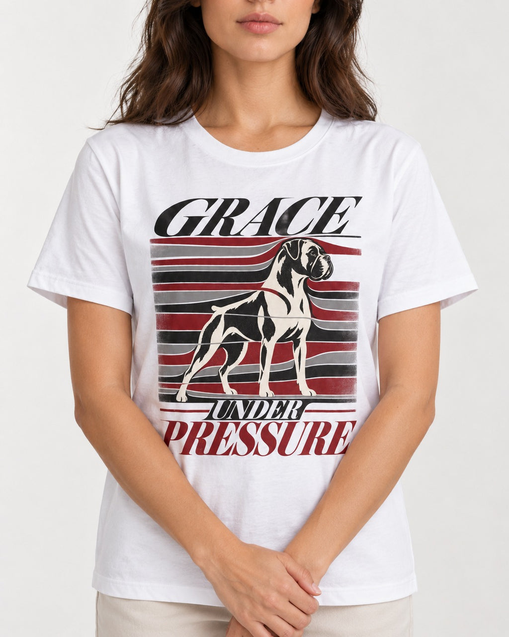 Boxer Grace Under Pressure T-Shirt in White, worn by a model, front view