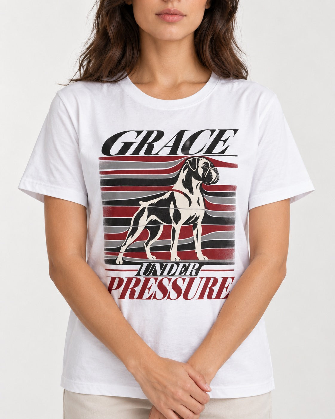 Boxer Grace Under Pressure T-Shirt in White, worn by a model, front view