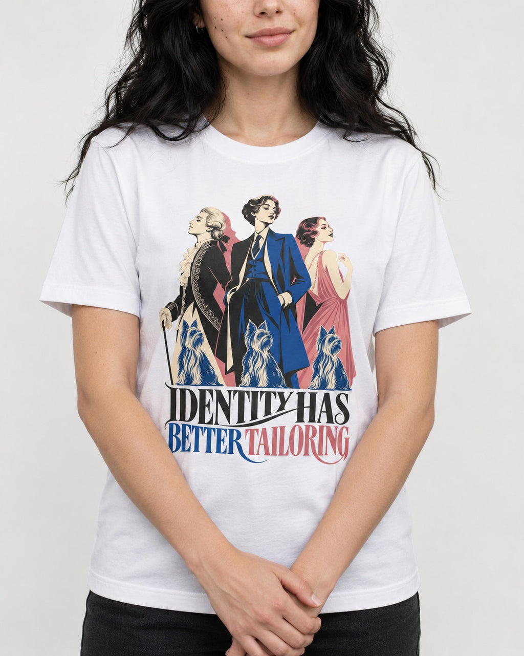 Yorkshire Terrier Identity Has Better Tailoring T-Shirt in White, worn by a model, front view