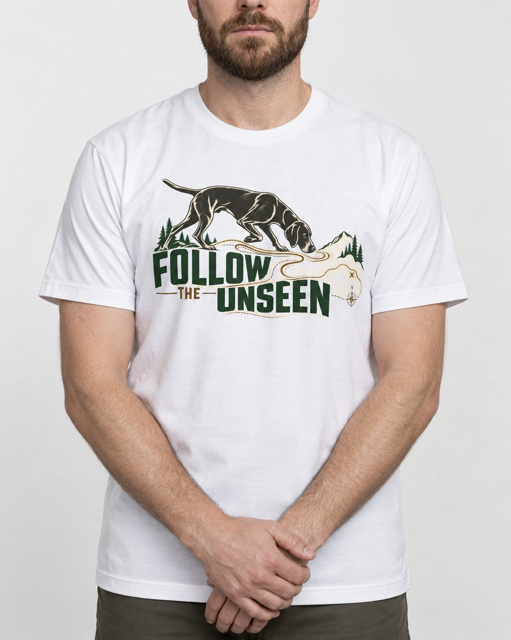 Follow the Unseen German Shorthaired Pointer T-Shirt in White, worn by a model, front view
