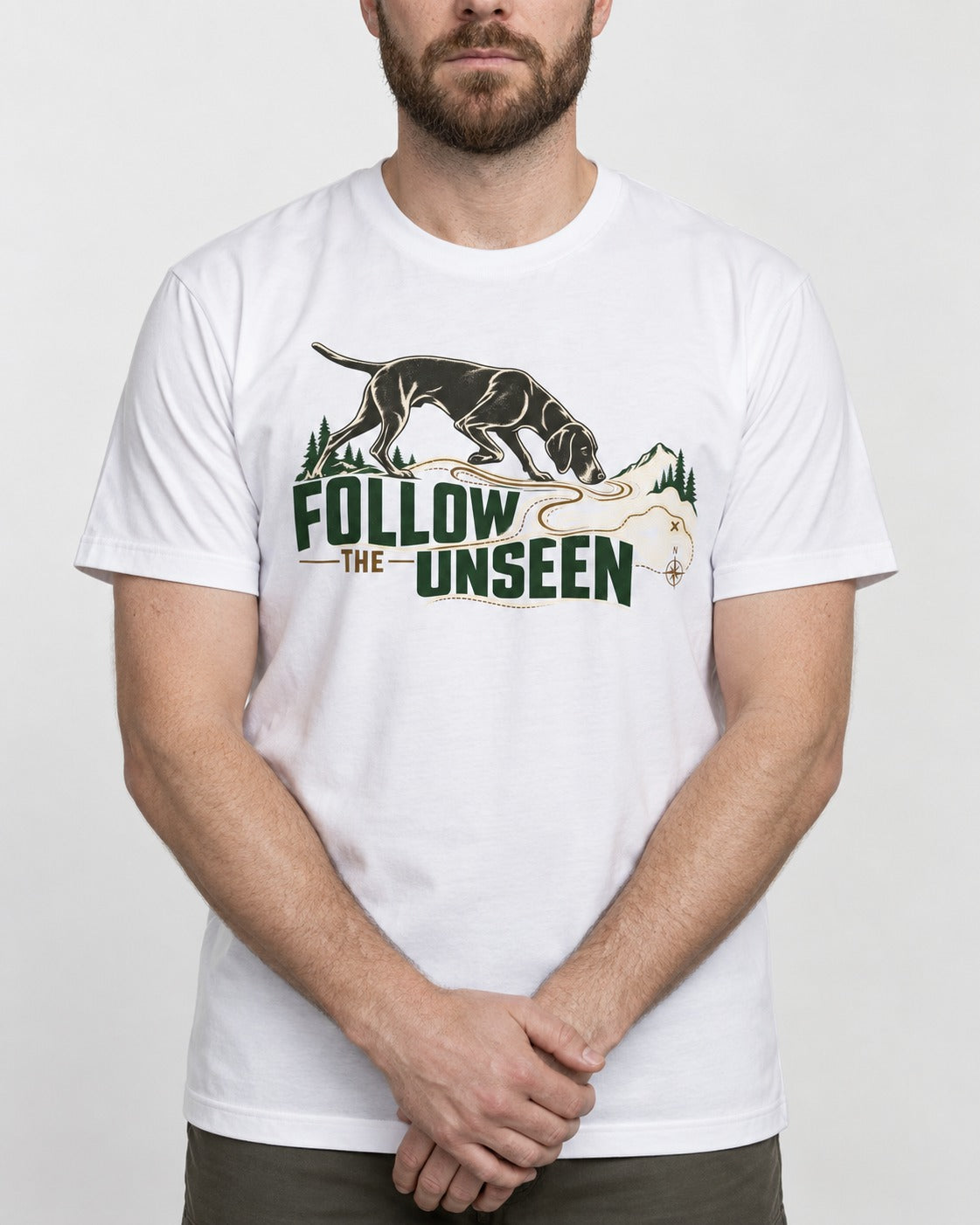 Follow the Unseen German Shorthaired Pointer T-Shirt in White, worn by a model, front view