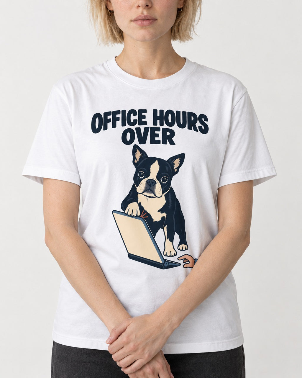 Boston Terrier Office Hours Over T-Shirt in White, worn by a model, front view