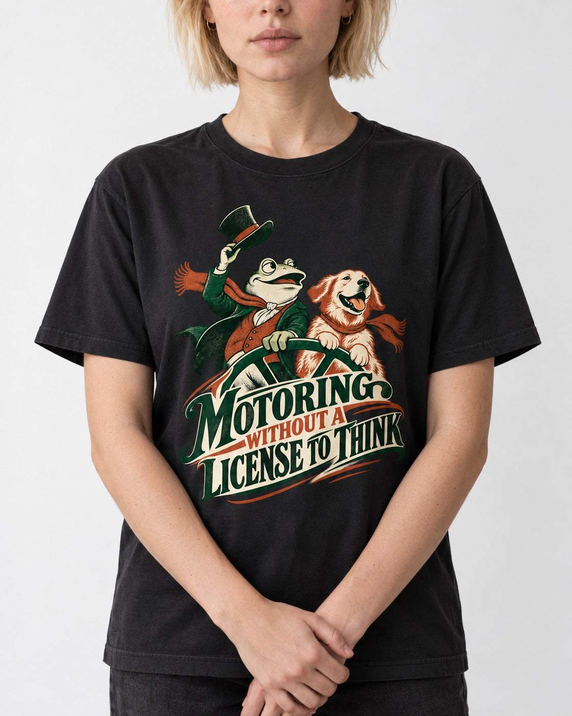 Golden Retriever Motoring Without a License to Think Driving Graphic T-Shirt in Black, worn by a model, front view
