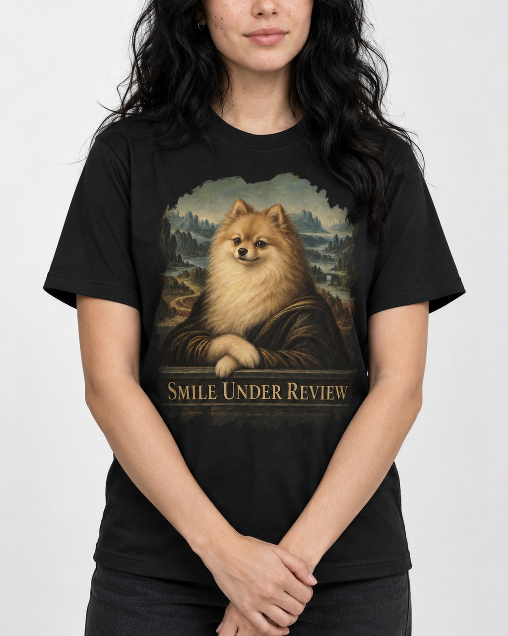 Pomeranian Smile Under Review Renaissance Portrait Graphic T-Shirt in Black, worn by a model, front view
