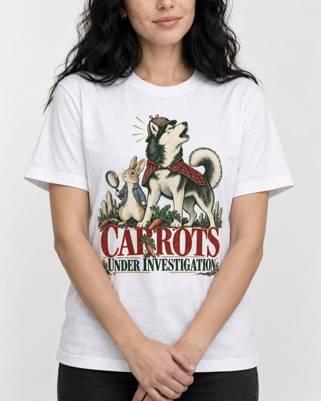 Carrots Under Husky Investigation T-Shirt in White, worn by a model, front view