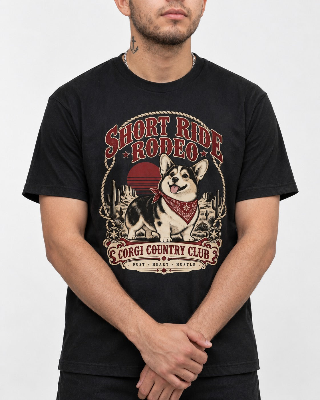 Corgi Short Ride Rodeo Country Club Badge T-Shirt in Black, worn by a model, front view