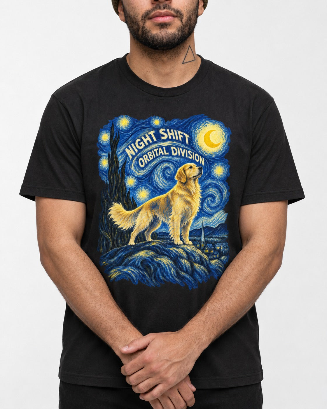 Night Shift Orbital Division Starry Night Golden Retriever Graphic T-Shirt in Black, worn by a model, front view