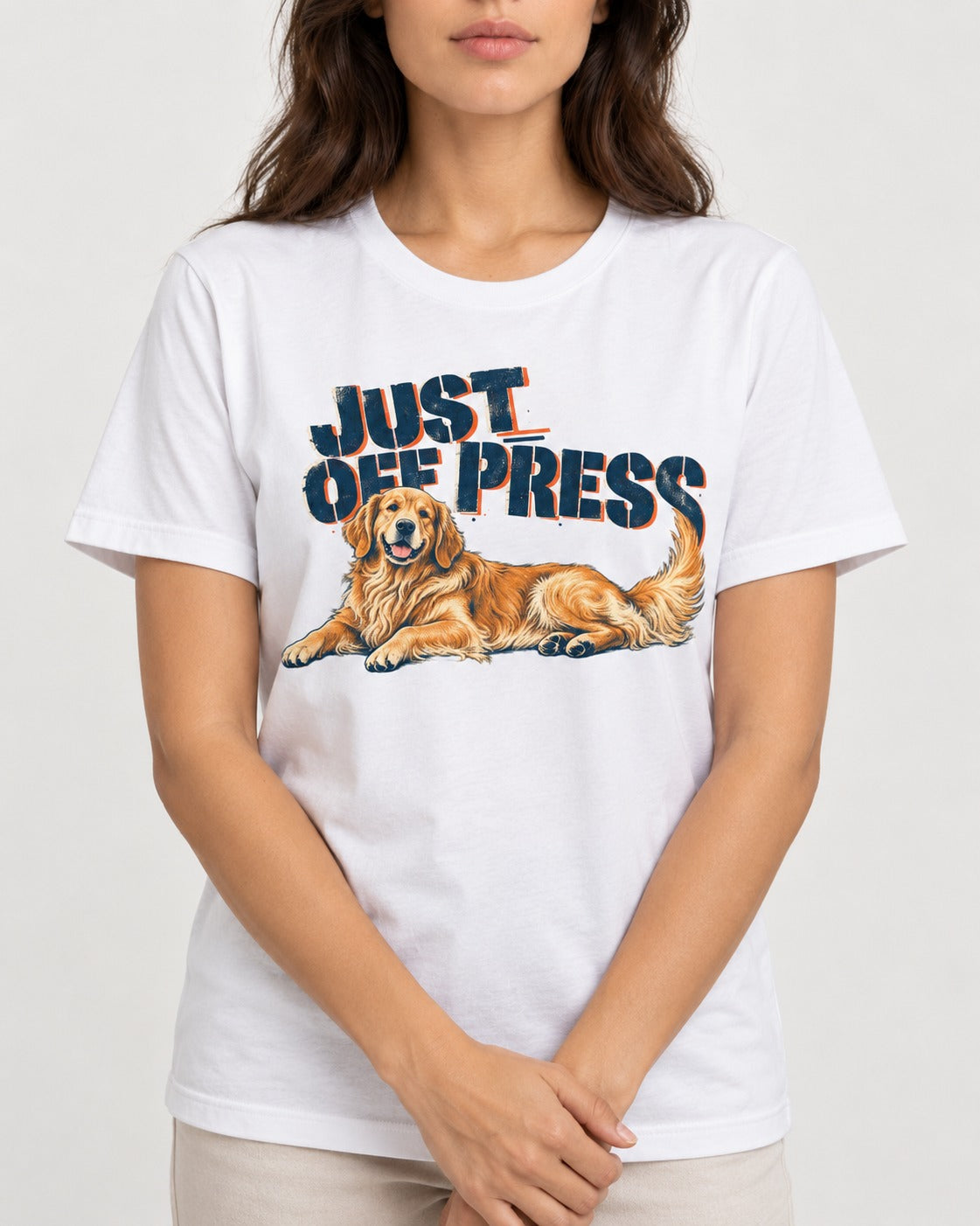 Golden Retriever Just Off Press T-Shirt in White, worn by a model, front view