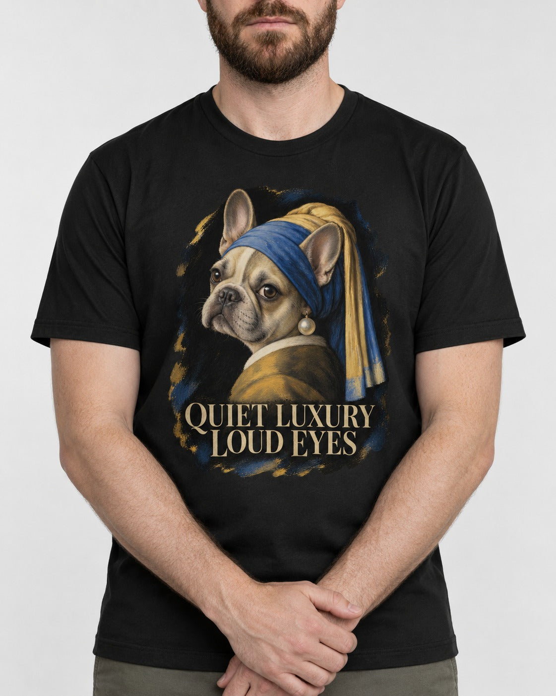 Frenchie Quiet Luxury Loud Eyes Pearl Portrait Graphic T-Shirt in Black, worn by a model, front view