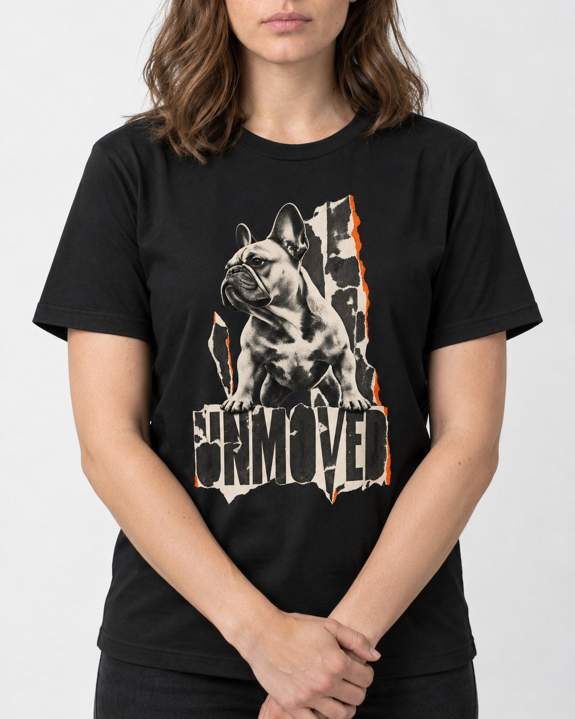 Frenchie Unmoved Torn Poster Graphic T-Shirt in Black, worn by a model, front view