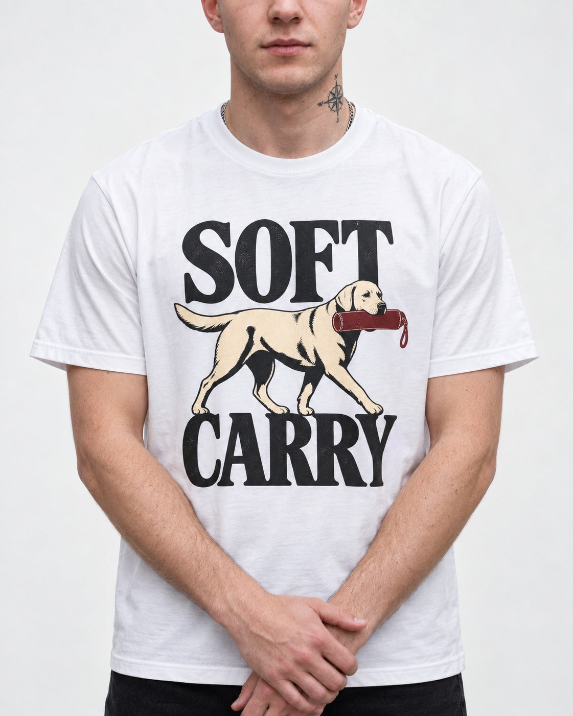 Soft Carry Labrador Retriever T-Shirt in White, worn by a model, front view