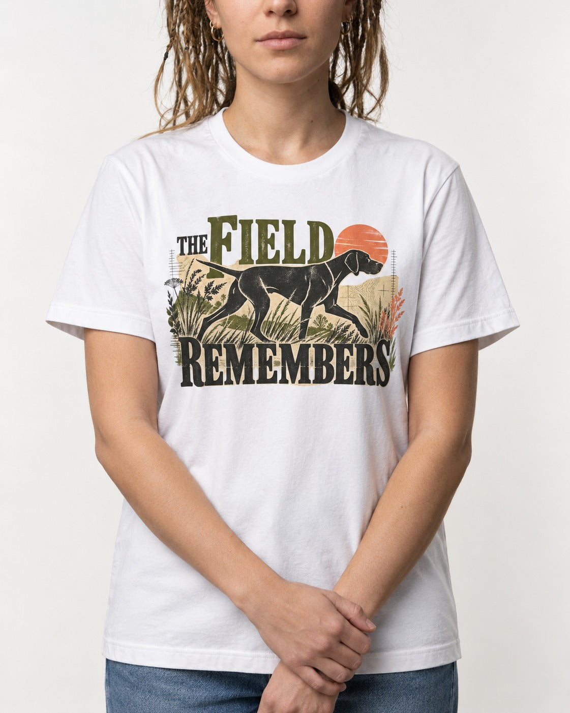 The Field Remembers German Shorthaired Pointer T-Shirt in White, worn by a model, front view