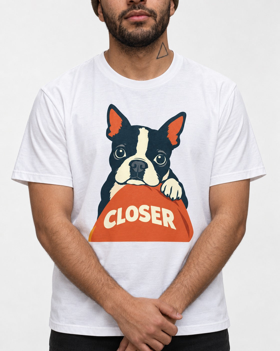 Come Closer Boston Terrier T-Shirt in White, worn by a model, front view