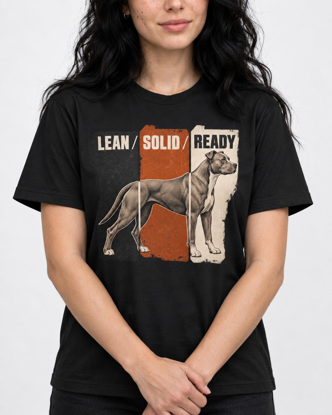 Pitbull Lean Solid Ready Triptych Graphic T-Shirt in Black, worn by a model, front view