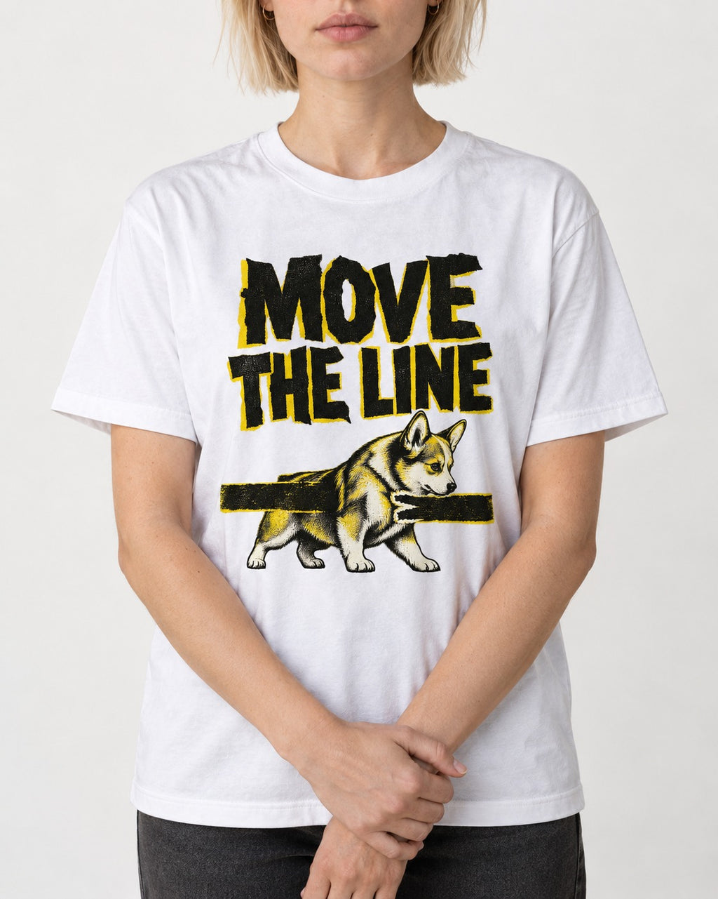 Corgi Move the Line T-Shirt in White, worn by a model, front view