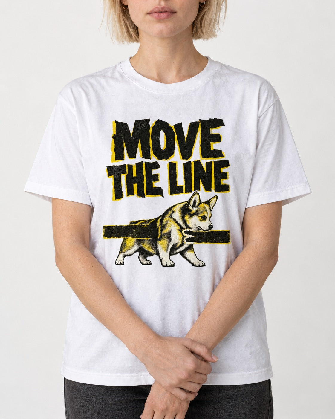 Corgi Move the Line T-Shirt in White, worn by a model, front view
