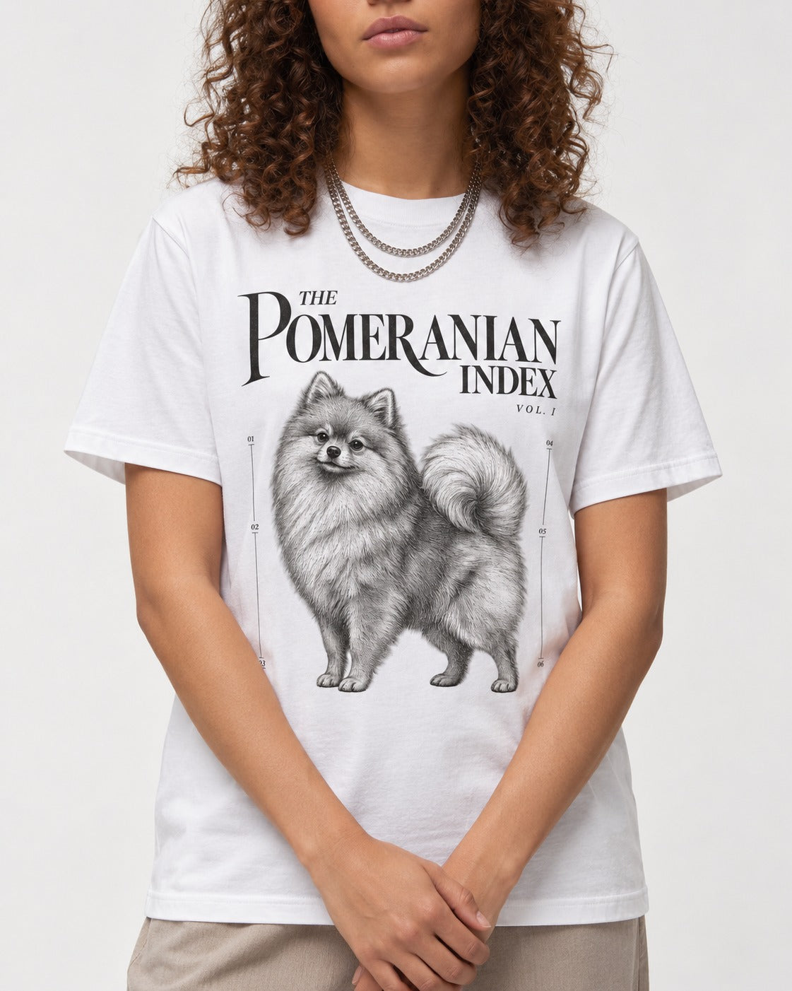 The Pomeranian Index T-Shirt in White, worn by a model, front view