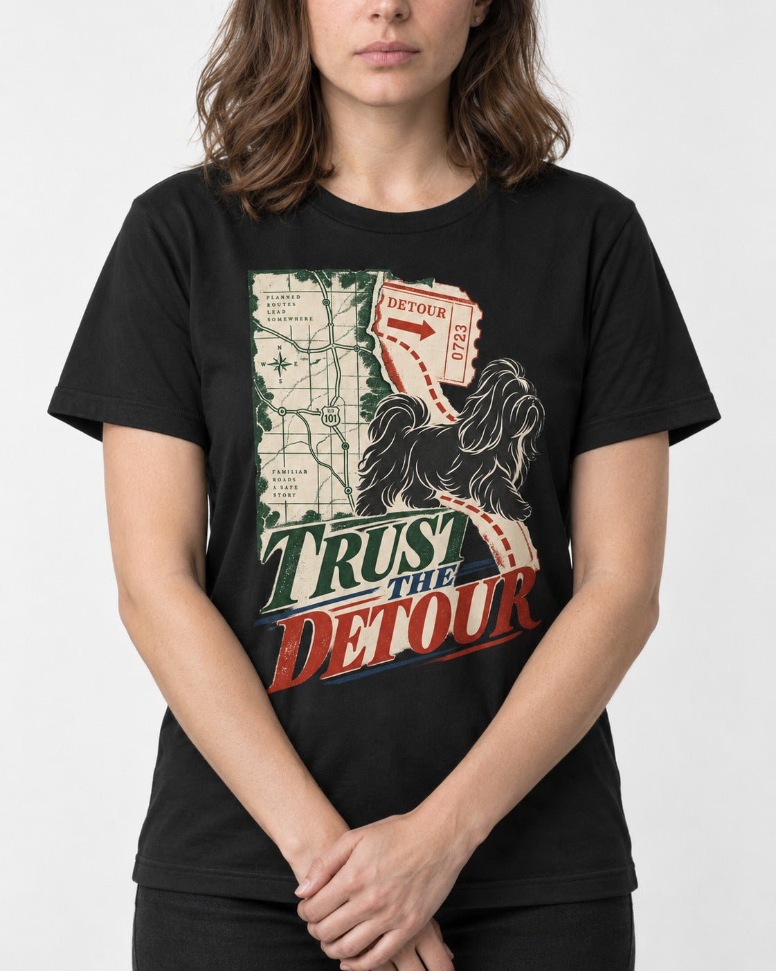 Shih Tzu Trust the Detour Road Map Graphic T-Shirt in Black, worn by a model, front view