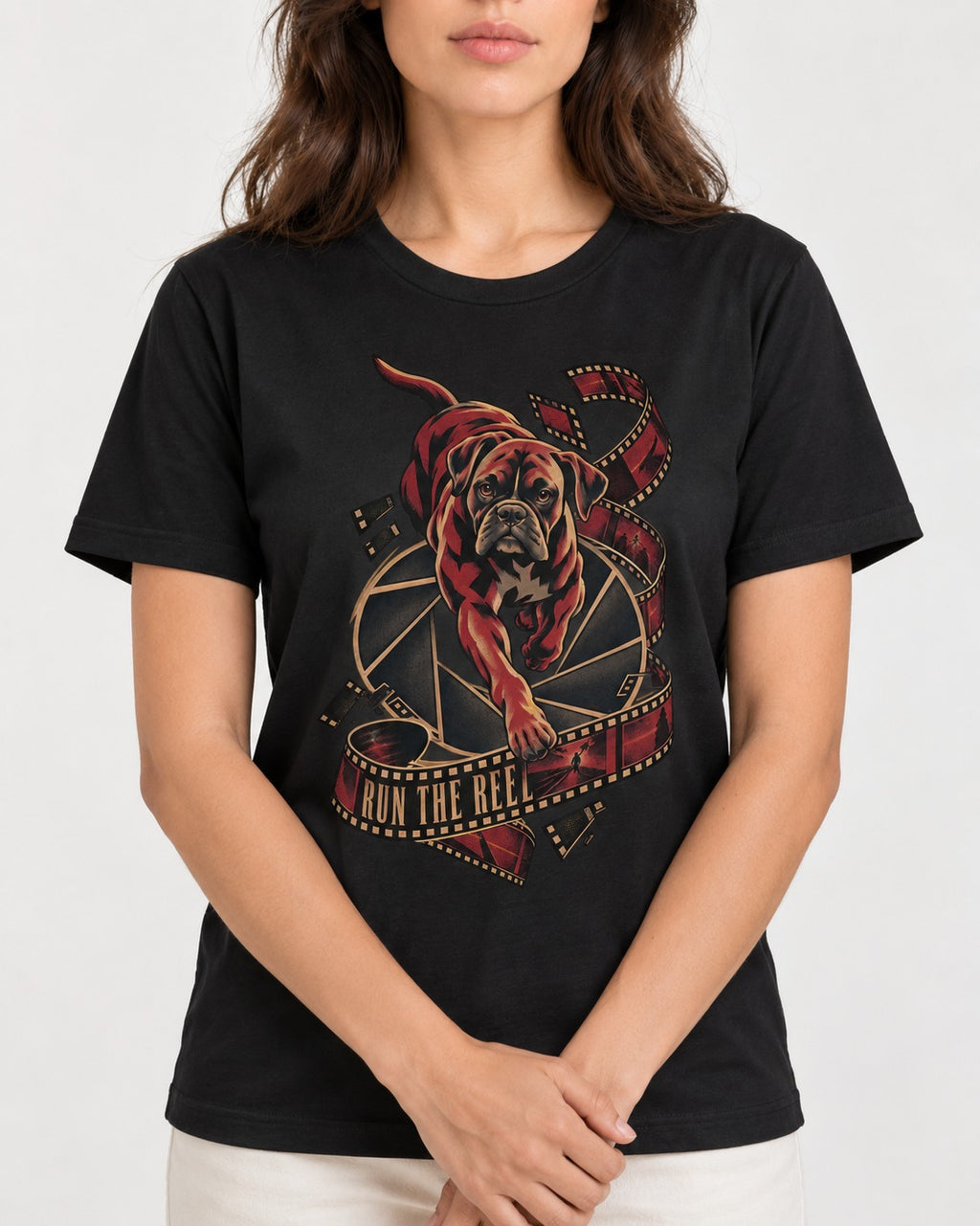 Run the Reel Boxer Film Graphic T-Shirt in Black, worn by a model, front view