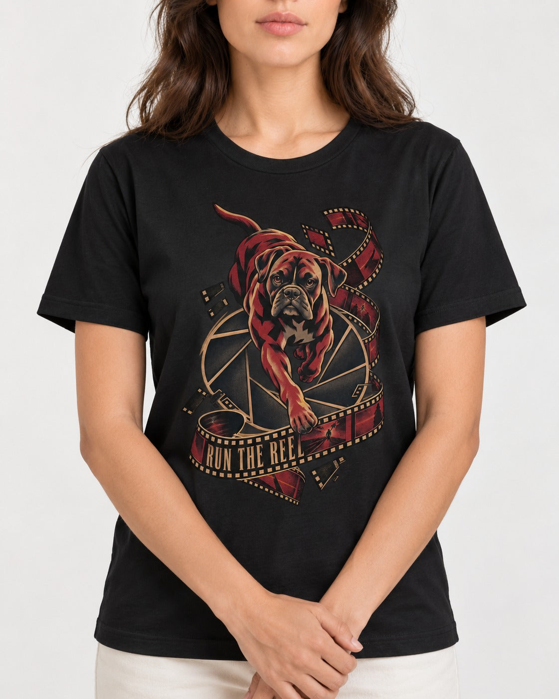 Run the Reel Boxer Film Graphic T-Shirt in Black, worn by a model, front view
