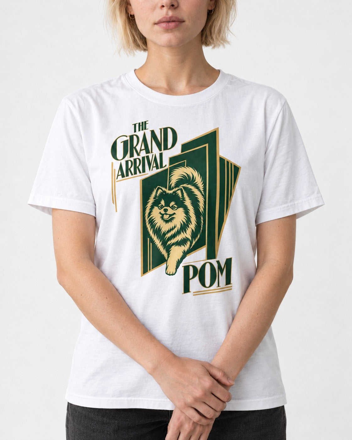 The Grand Arrival Pomeranian T-Shirt in White, worn by a model, front view