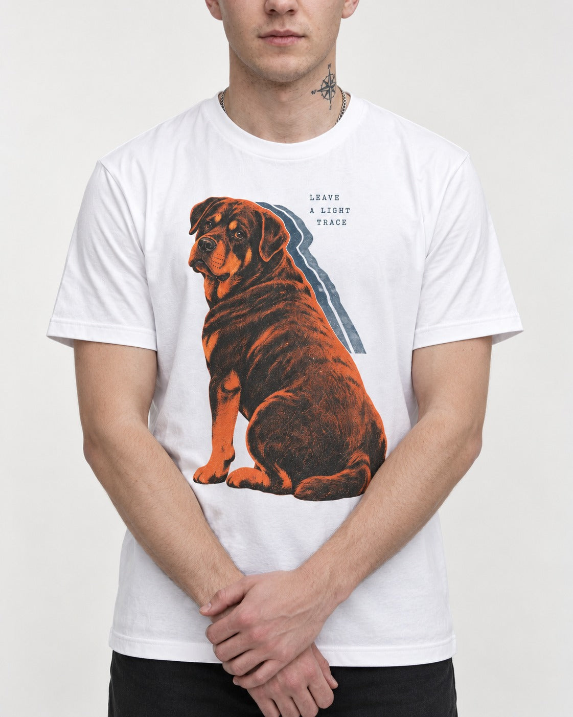 Rottweiler Leave a Light Trace T-Shirt in White, worn by a model, front view
