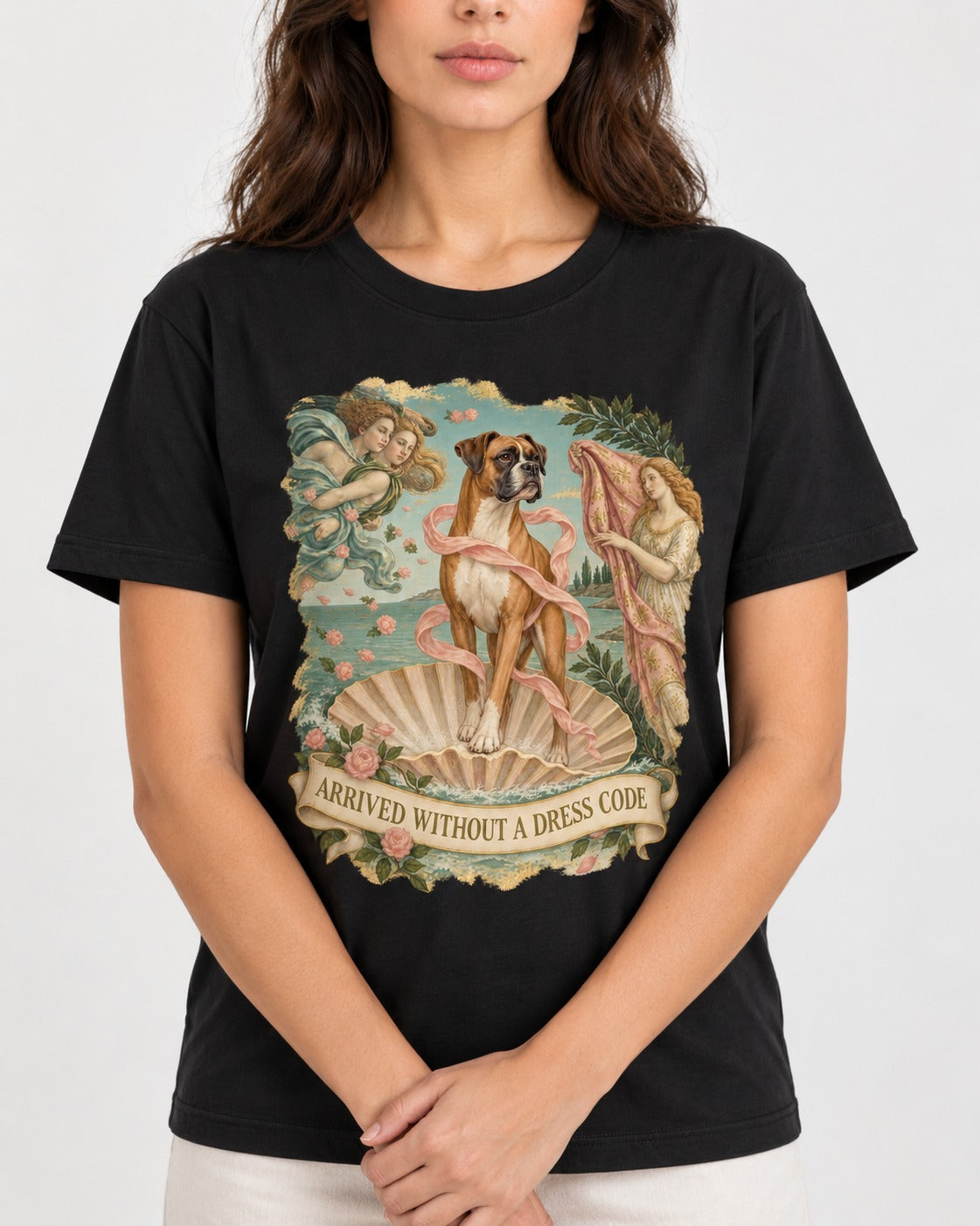 Arrived Without a Dress Code Boxer Classical Collage T-Shirt in Black, worn by a model, front view