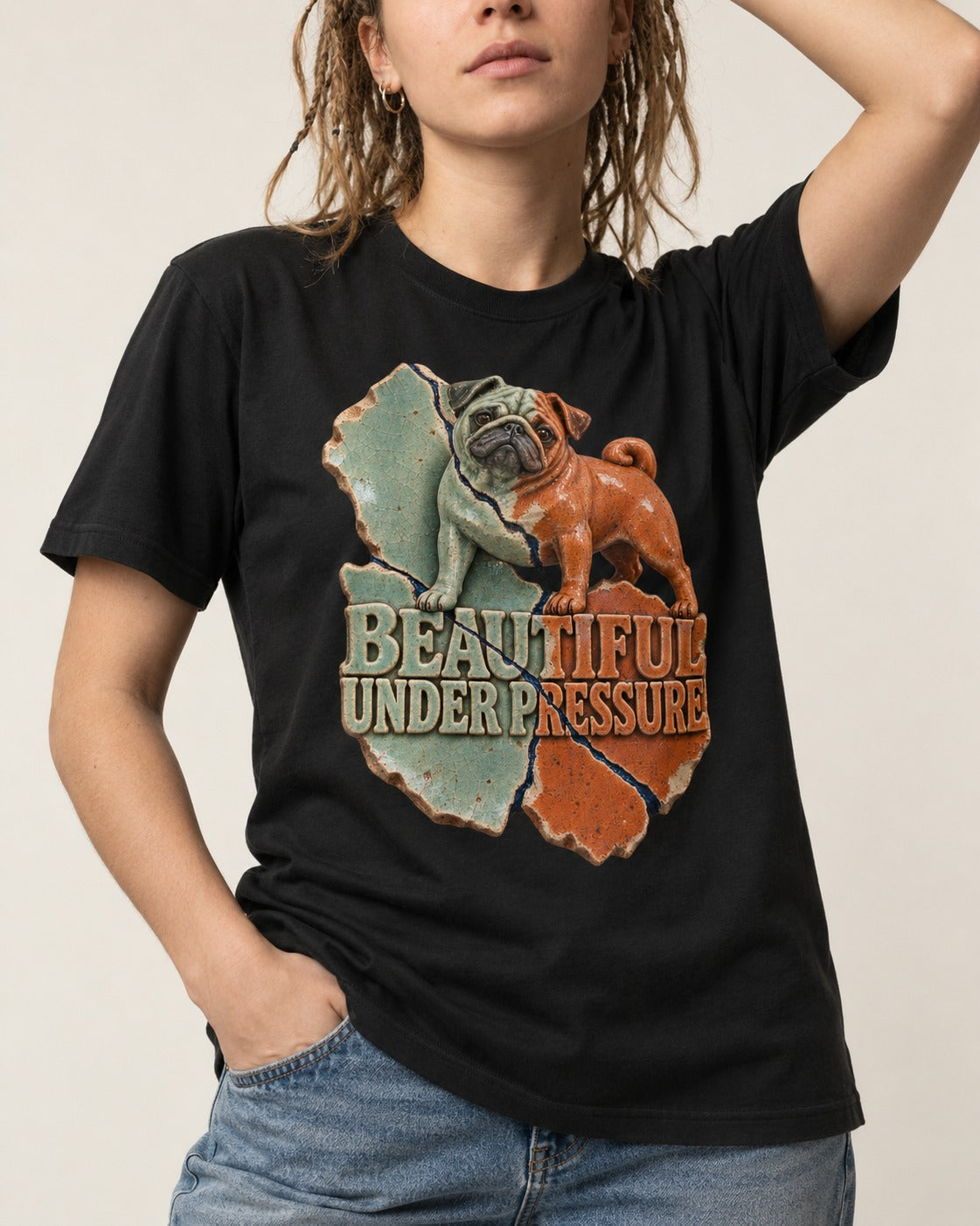 Pug Beautiful Under Pressure Cracked Ceramic Graphic T-Shirt in Black, worn by a model, front view