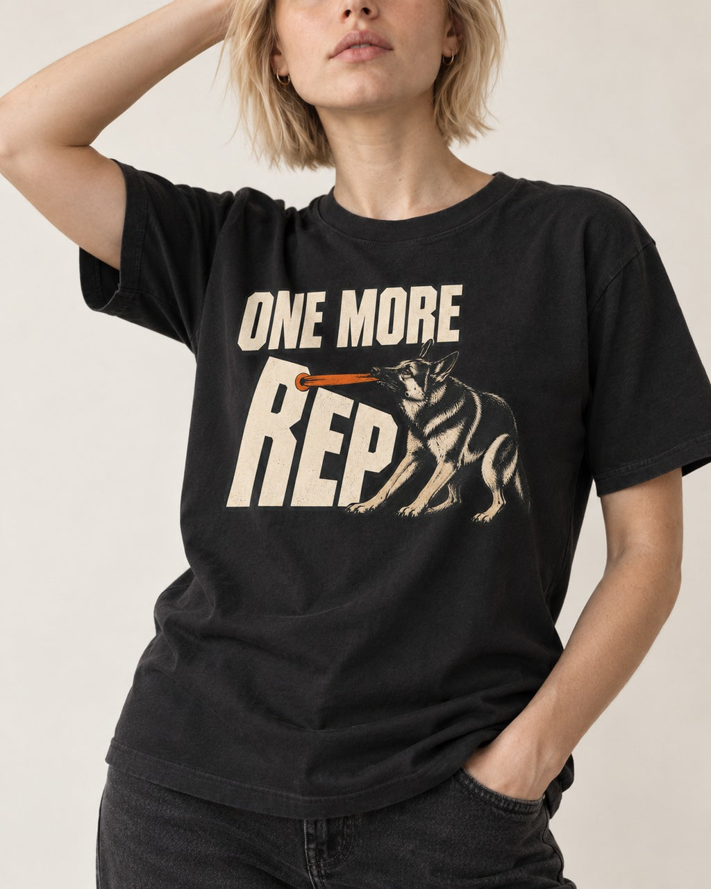 One More Rep Tug German Shepherd Dog Graphic T-Shirt in Black, worn by a model, front view