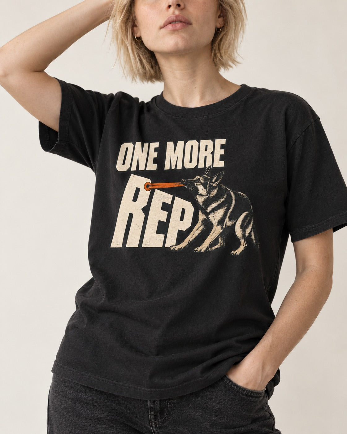 One More Rep Tug German Shepherd Dog Graphic T-Shirt in Black, worn by a model, front view