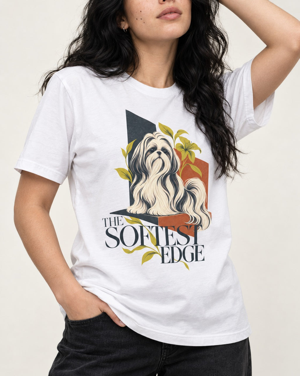 Shih Tzu The Softest Edge T-Shirt in White, worn by a model, front view