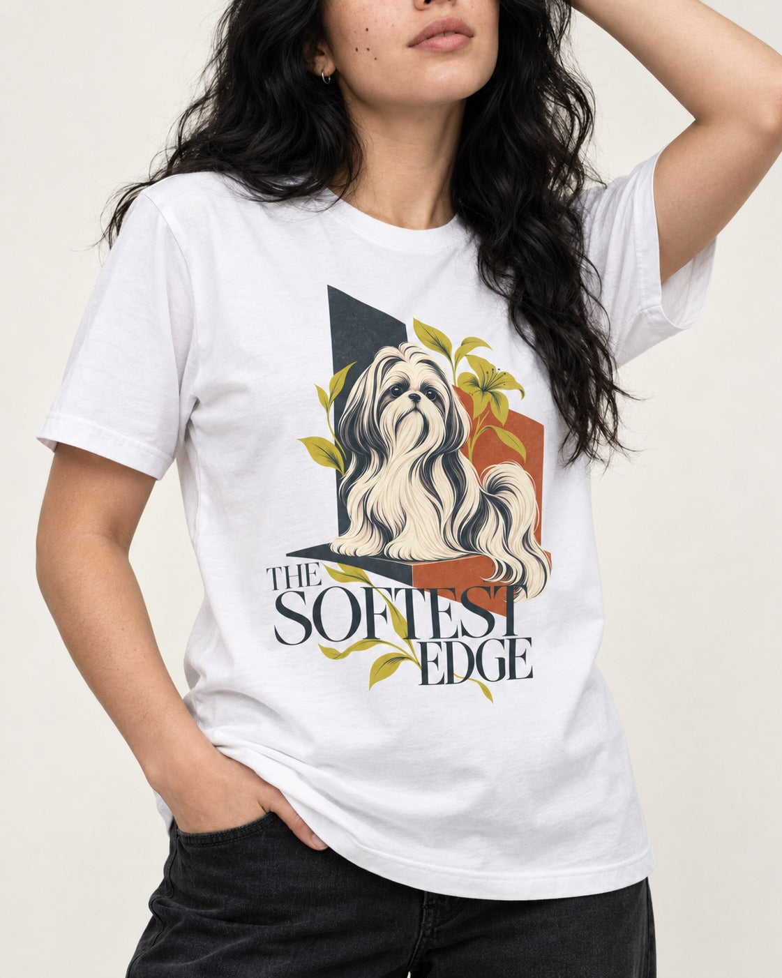 Shih Tzu The Softest Edge T-Shirt in White, worn by a model, front view