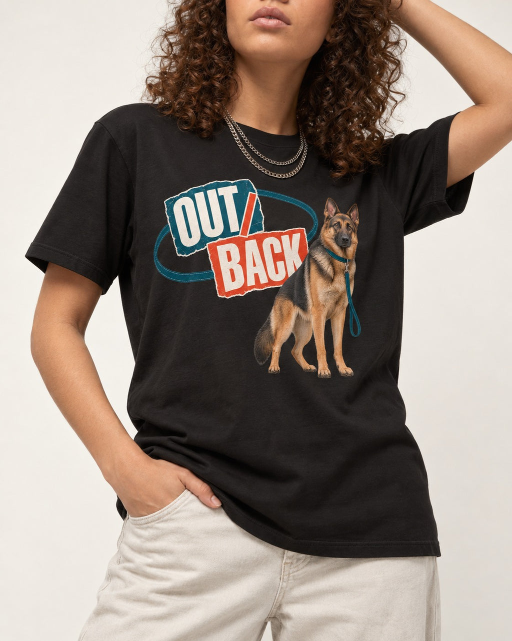 Out Back Leash German Shepherd Dog Graphic T-Shirt in Black, worn by a model, front view