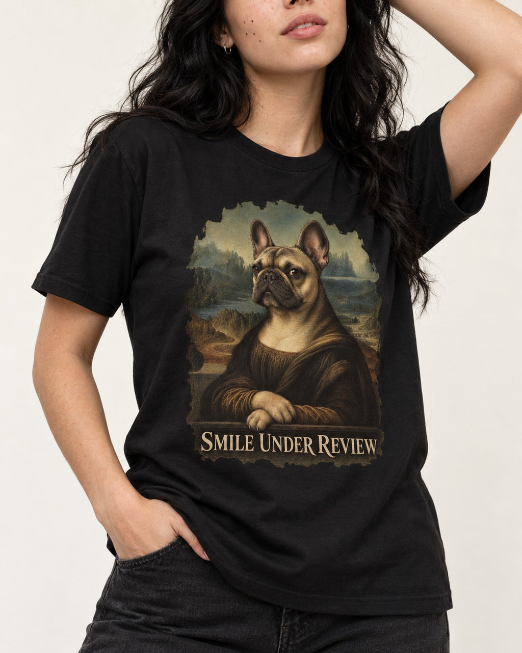 Frenchie Smile Under Review Renaissance Portrait T-Shirt in Black, worn by a model, front view
