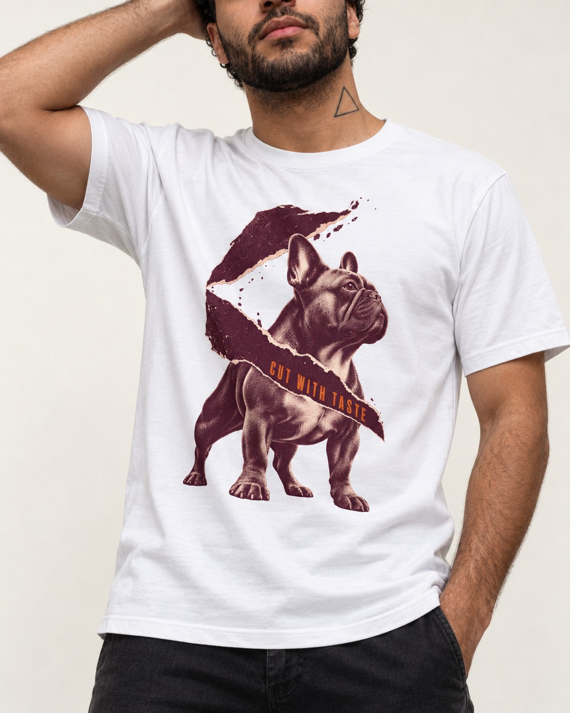 Frenchie Cut with Taste T-Shirt in White, worn by a model, front view