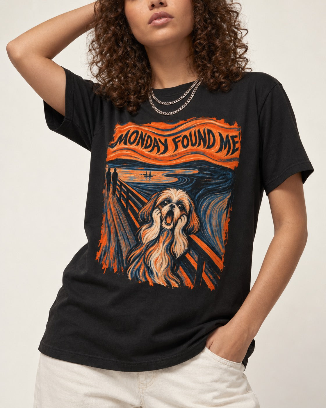 Shih Tzu Monday Found Me Scream Parody Graphic T-Shirt in Black, worn by a model, front view