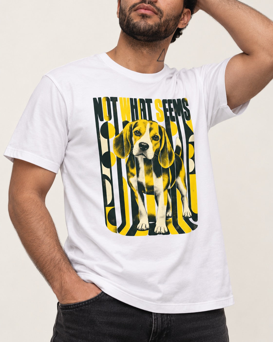 Not What It Seems Beagle T-Shirt in White, worn by a model, front view