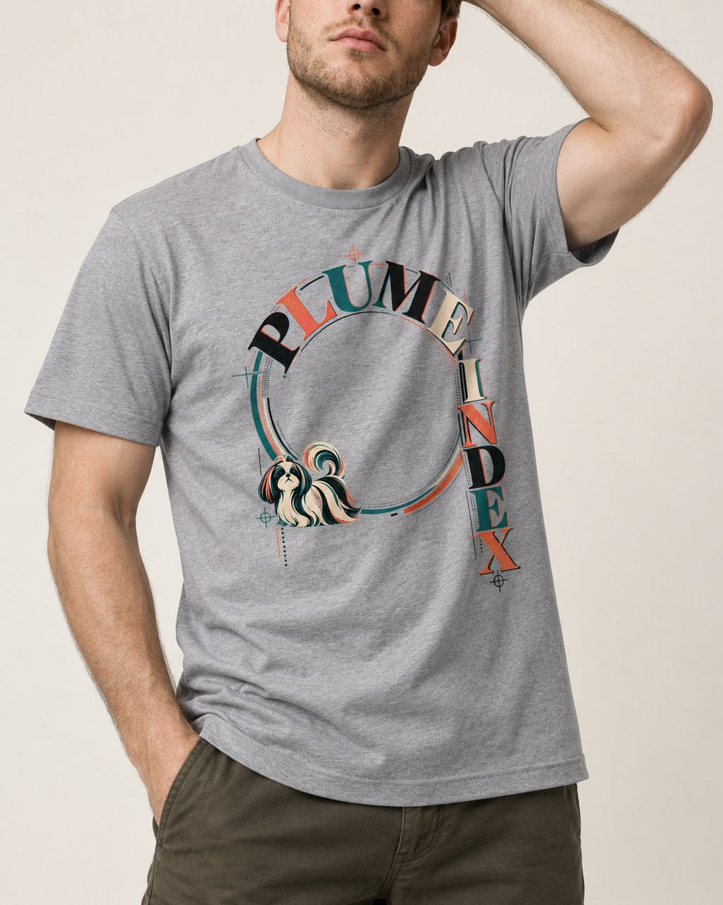 Shih Tzu Plume Index Circular Typography Graphic T-Shirt in Sport Grey, worn by a model, front view