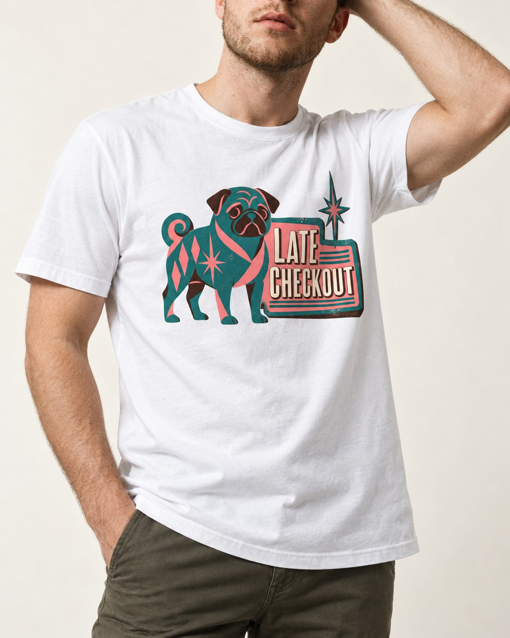Pug's Late Checkout T-Shirt in White, worn by a model, front view