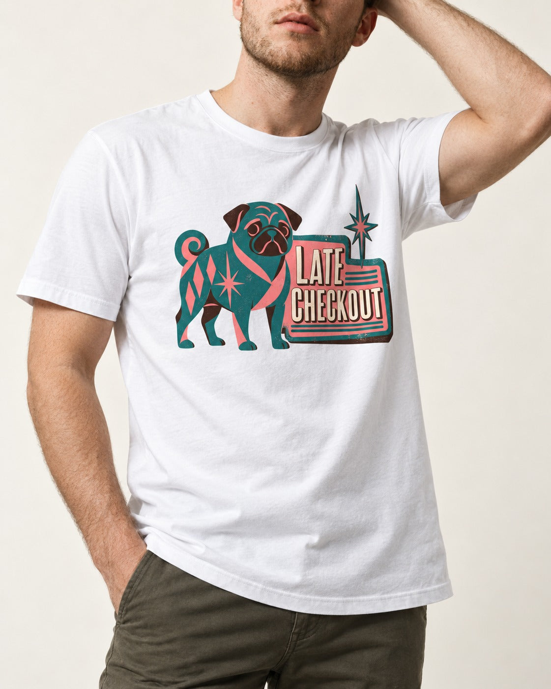 Pug's Late Checkout T-Shirt in White, worn by a model, front view