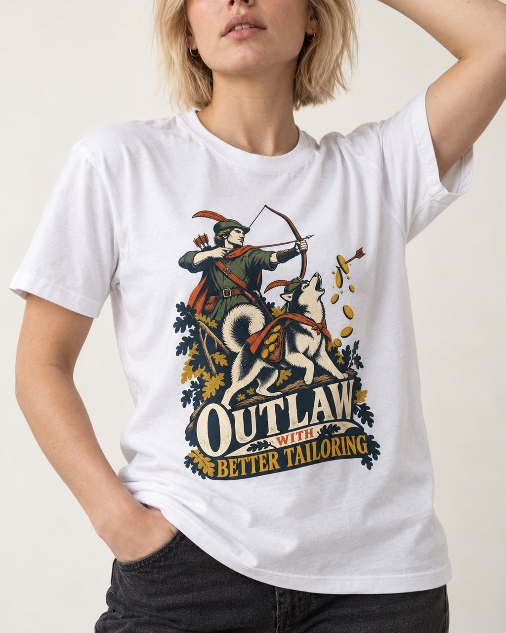 Husky Outlaw with Better Tailoring T-Shirt in White, worn by a model, front view