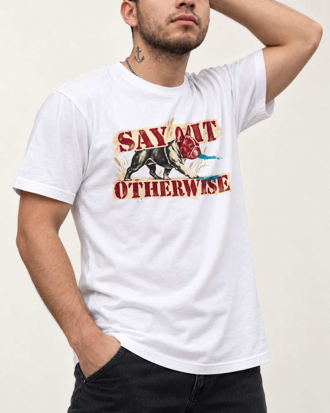 Say It Otherwise Frenchie T-Shirt in White, worn by a model, front view