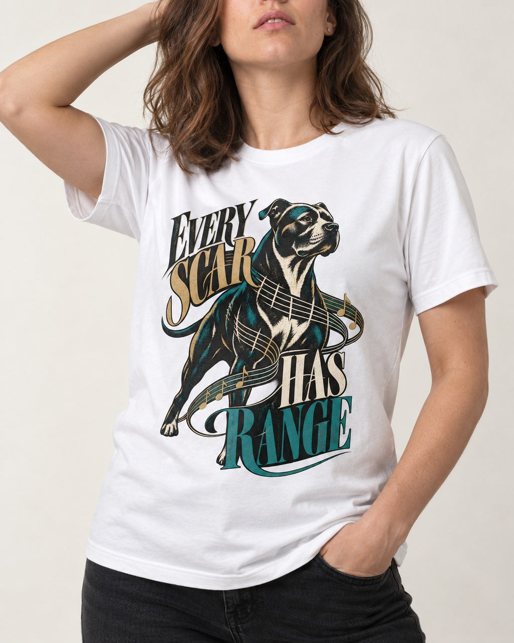 Every Pitbull Scar Has Range T-Shirt in White, worn by a model, front view