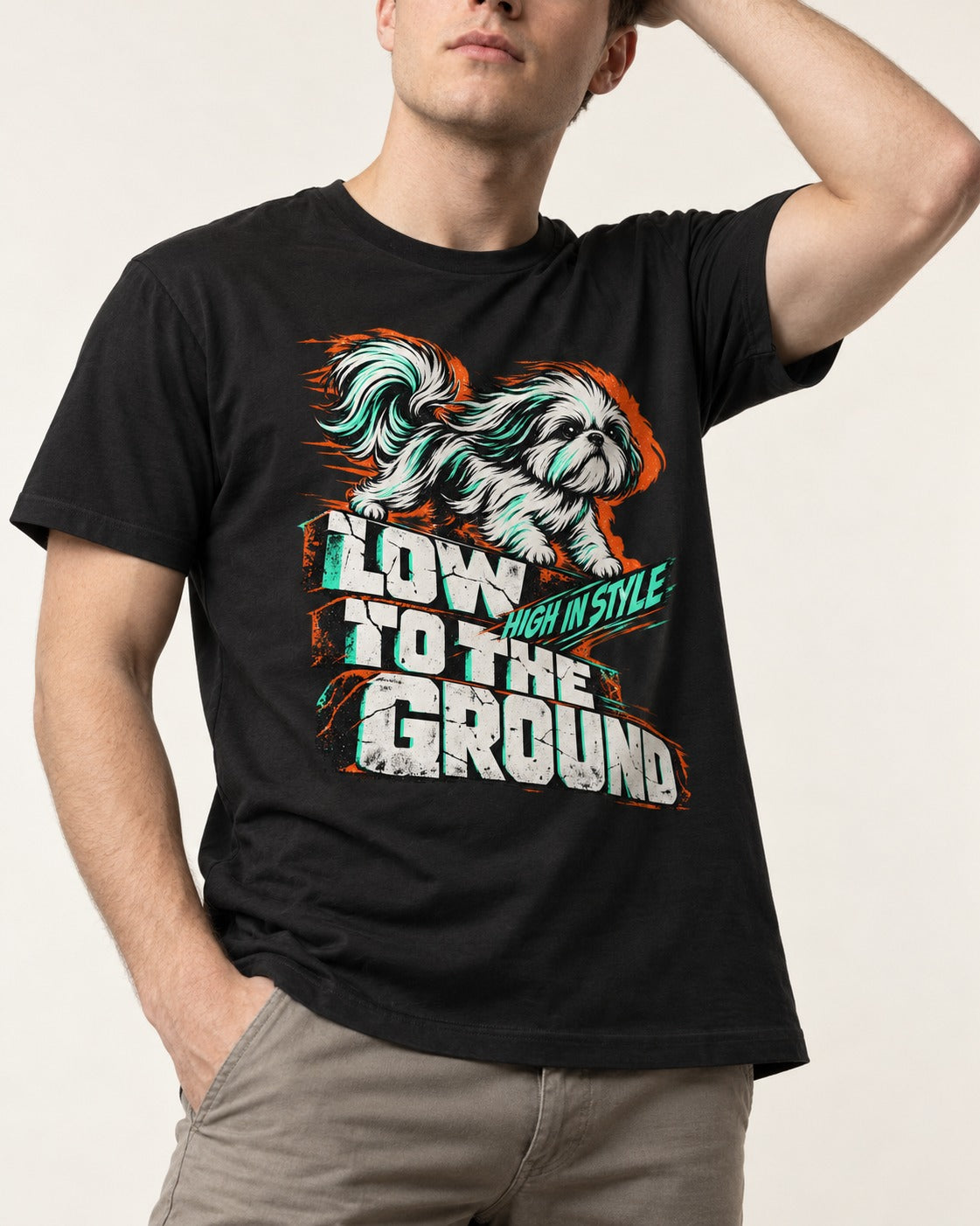 Shih Tzu Low to the Ground High in Style Streetwear Graphic T-Shirt in Black, worn by a model, front view